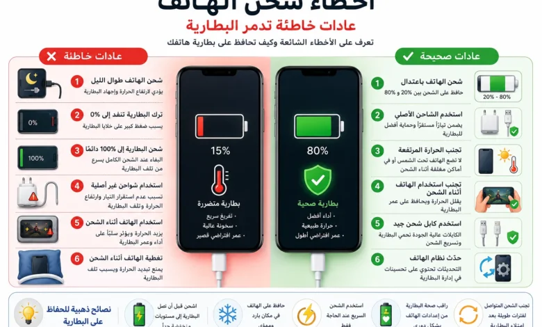 أخطاء شحن الهاتف وتأثيرها على عمر البطارية