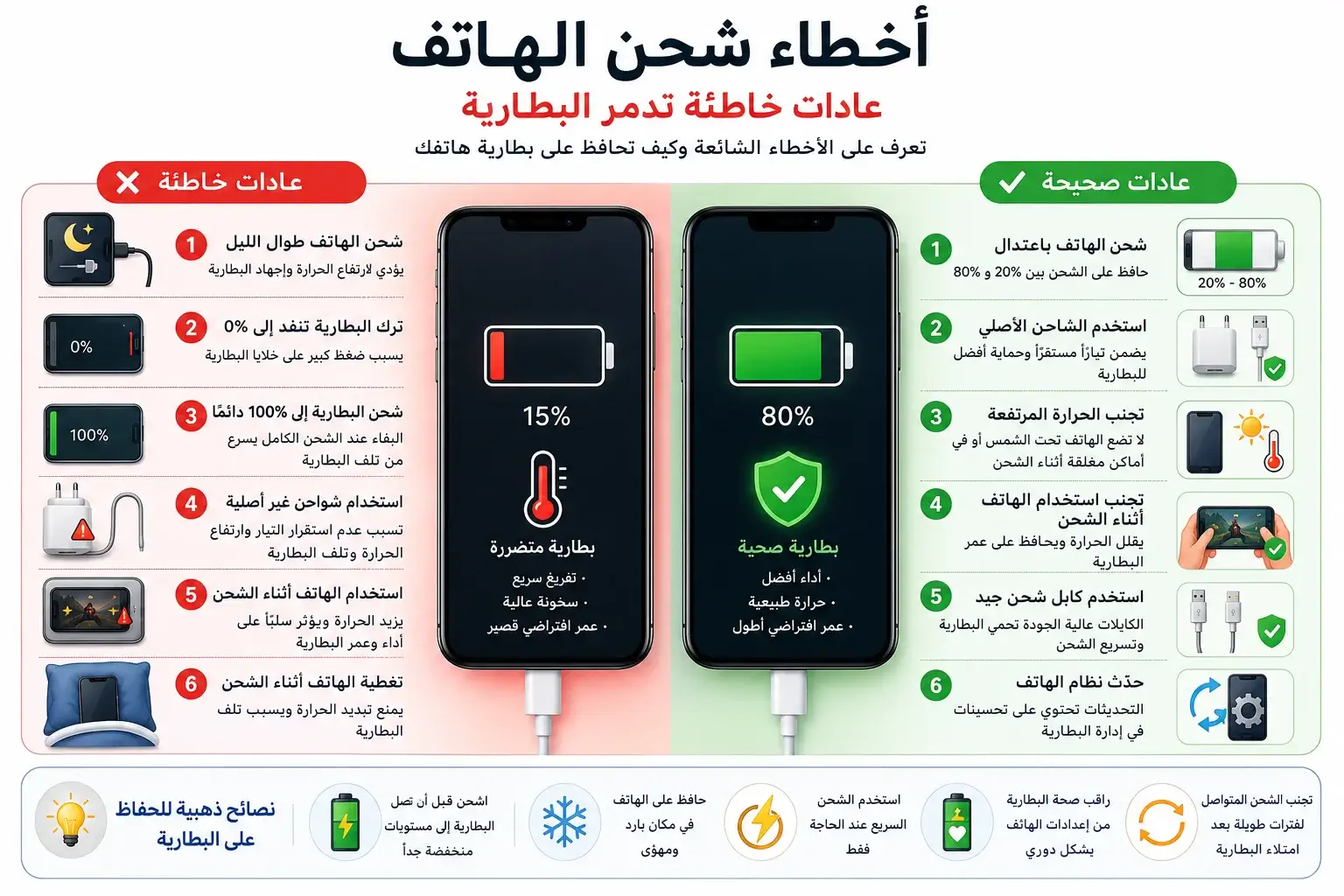 أخطاء شحن الهاتف وتأثيرها على عمر البطارية