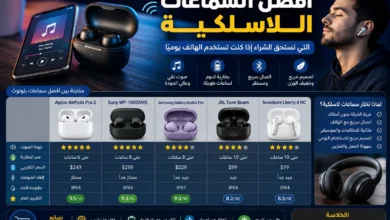 مقارنة بين أفضل السماعات اللاسلكية وسماعات البلوتوث من حيث جودة الصوت، عمر البطارية، السعر، وميزات الاستخدام اليومي مع هاتف ذكي وسماعات داخل علبة الشحن