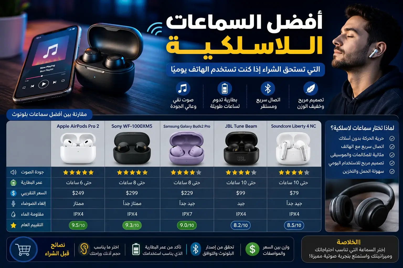 مقارنة بين أفضل السماعات اللاسلكية وسماعات البلوتوث من حيث جودة الصوت، عمر البطارية، السعر، وميزات الاستخدام اليومي مع هاتف ذكي وسماعات داخل علبة الشحن