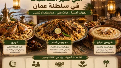 طبق مجبوس لحم عماني تقليدي بجانب الغوزي وهريس الدجاج في أجواء احتفالية تعكس المأكولات الشعبية التي تميز المناسبات والأعياد في سلطنة عمان.