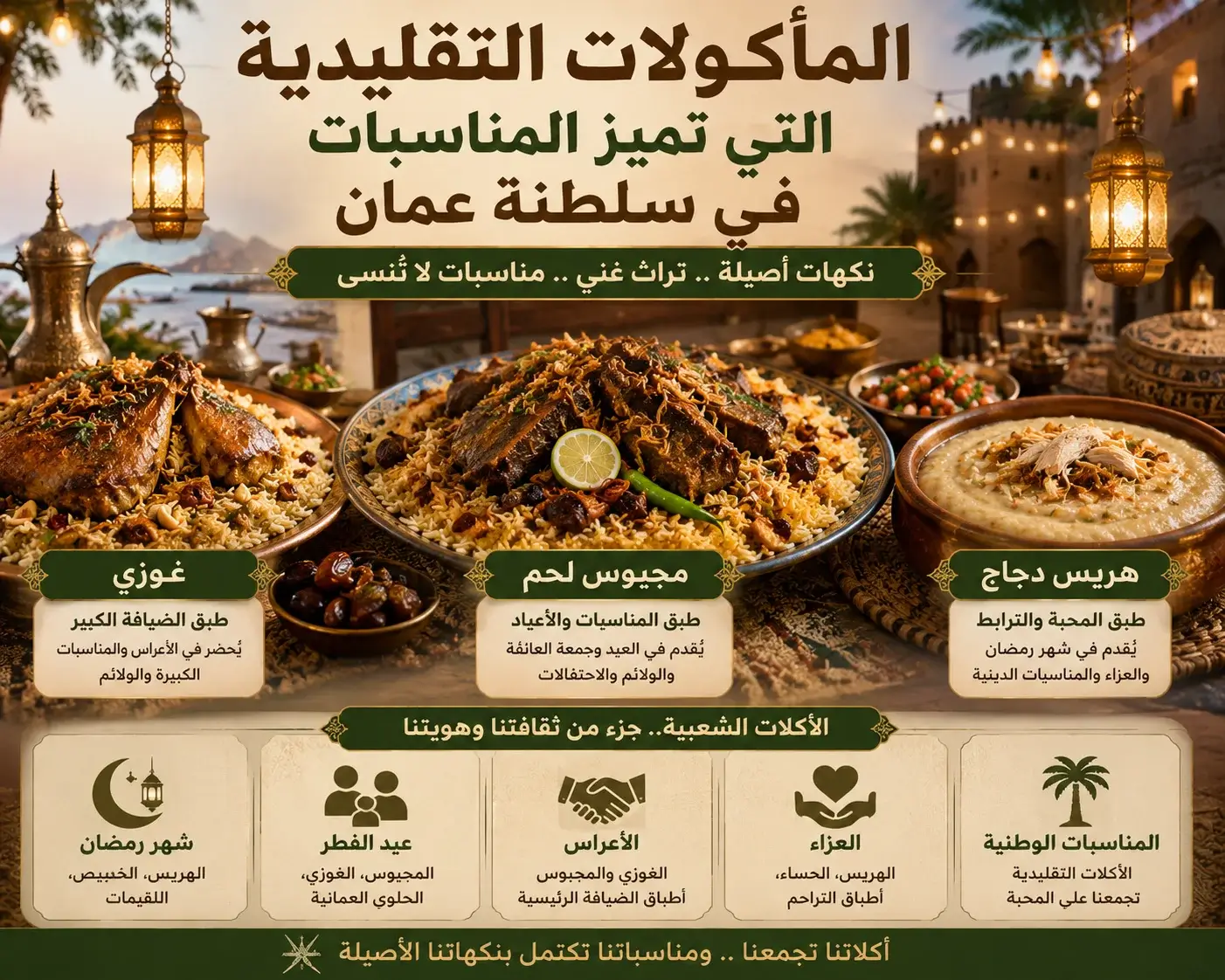 طبق مجبوس لحم عماني تقليدي بجانب الغوزي وهريس الدجاج في أجواء احتفالية تعكس المأكولات الشعبية التي تميز المناسبات والأعياد في سلطنة عمان.