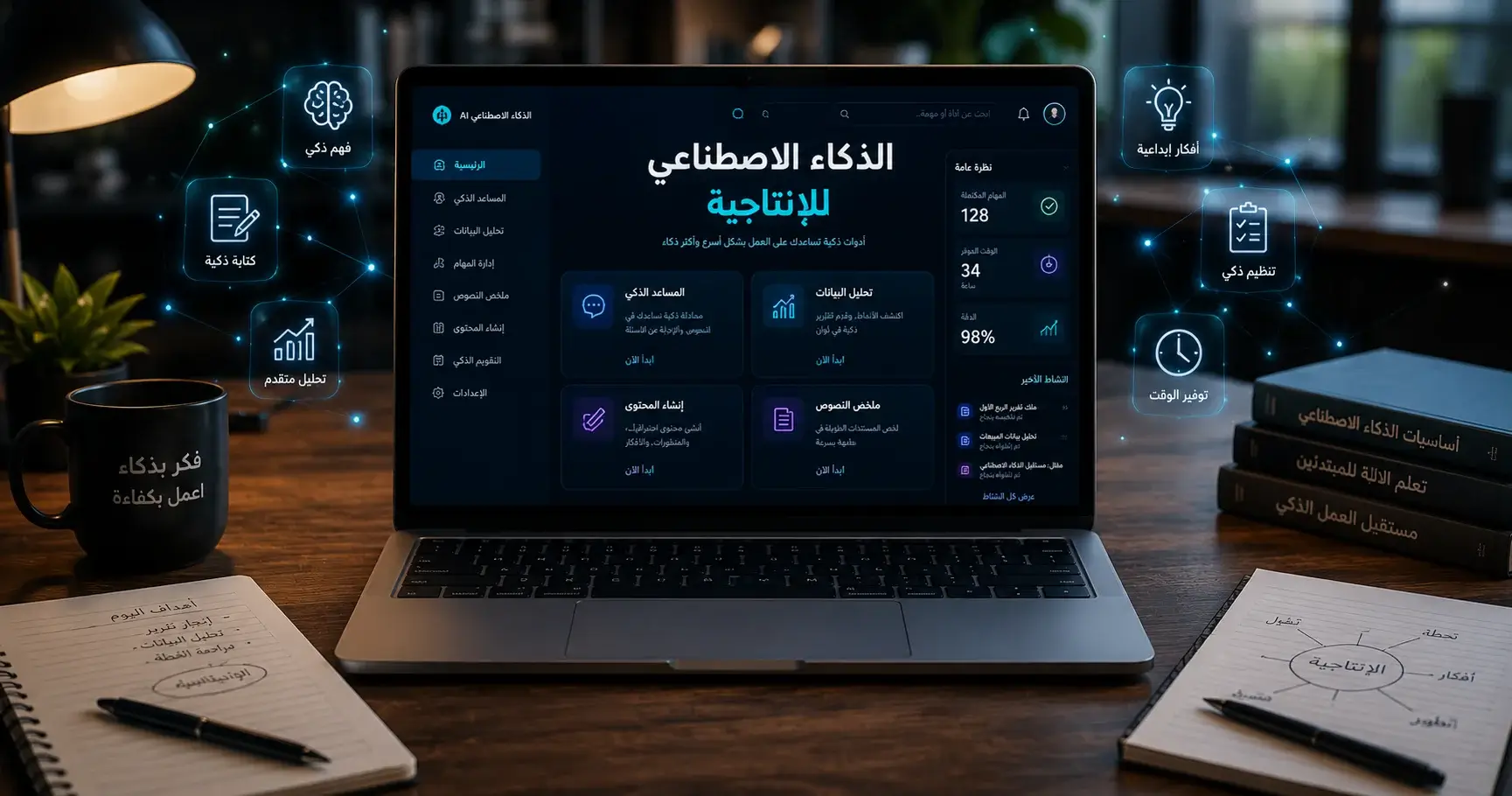 لوحة تحكم للذكاء الاصطناعي للإنتاجية داخل مساحة عمل حديثة
