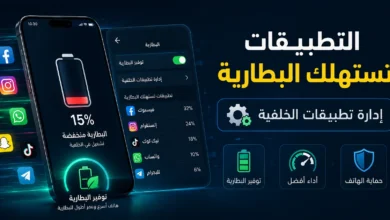 التطبيقات تستهلك البطارية في الخلفية على هاتف ذكي مع إعدادات إدارة تطبيقات الخلفية وتوفير البطارية لتحسين أداء الهاتف.