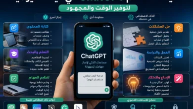 هاتف ذكي يعرض ChatGPT مع أيقونات توضح استخداماته اليومية في العمل والدراسة وتنظيم المهام وصناعة المحتوى.
