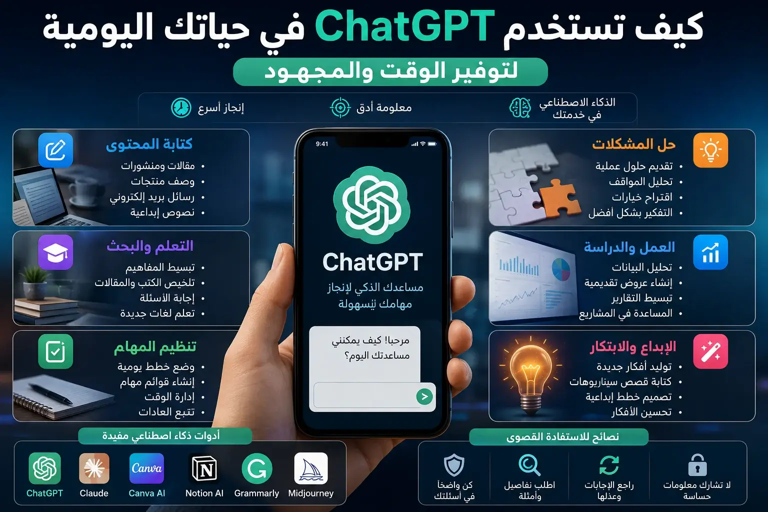 هاتف ذكي يعرض ChatGPT مع أيقونات توضح استخداماته اليومية في العمل والدراسة وتنظيم المهام وصناعة المحتوى.