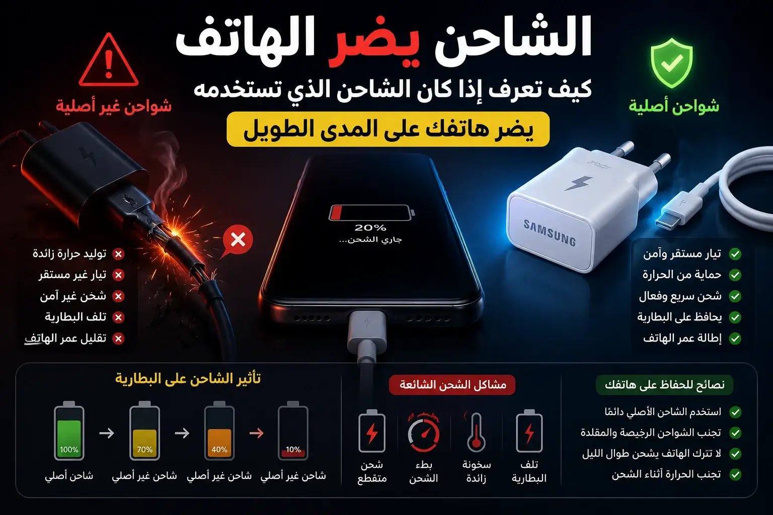 مقارنة بين الشاحن الأصلي والشاحن غير الأصلي توضح تأثير الشاحن الذي يضر الهاتف على البطارية وأداء الشحن مع نصائح لحماية الجهاز.