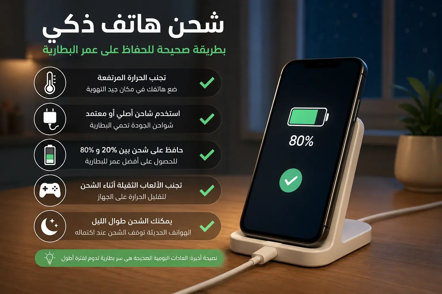 شحن هاتف ذكي بطريقة صحيحة للحفاظ على عمر البطارية.