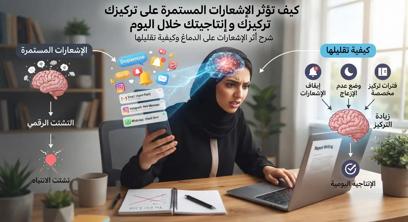 كيف تؤثر الإشعارات المستمرة على تركيزك وإنتاجيتك خلال اليوم؟